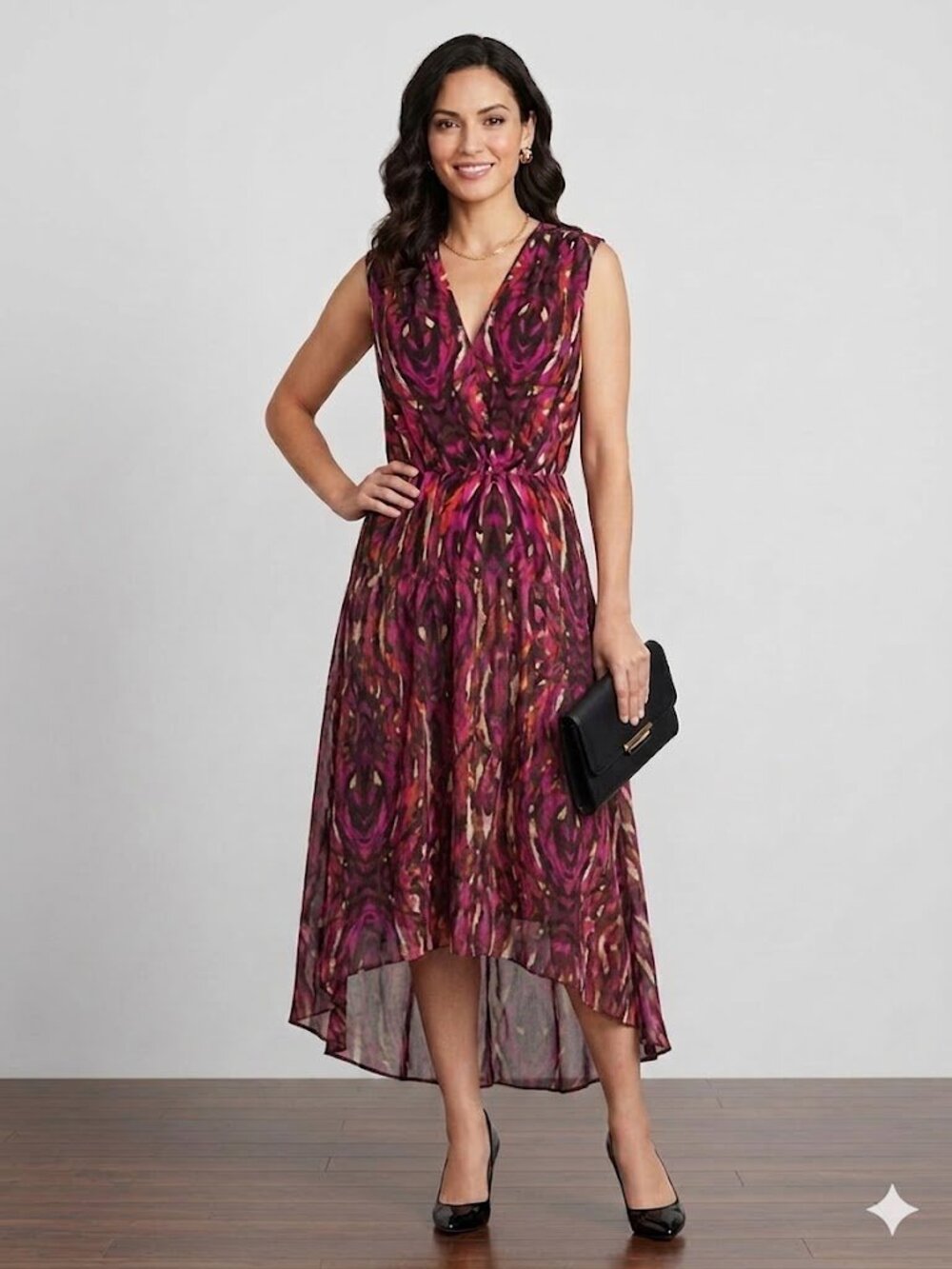 Presley Skye Silk Tiered High-Low Hem Midi Dress